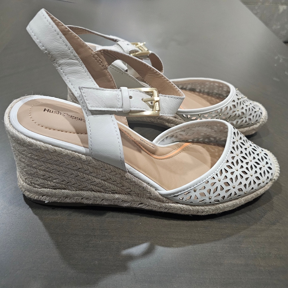 Hush Puppies Bounce Cream Espadrille Wedge Sandals Buckle Leather Cut-Out - Picture 3 of 11